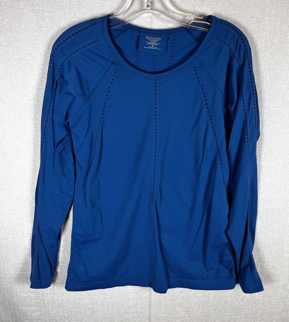 Athleta Foothill Shirt Womens Size Medium Blue Perforated Stretch Long Sleeve